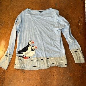 Light blue w/ puffins design Talbots sweater, M, 60% cotton 20% nylon 20% rayon